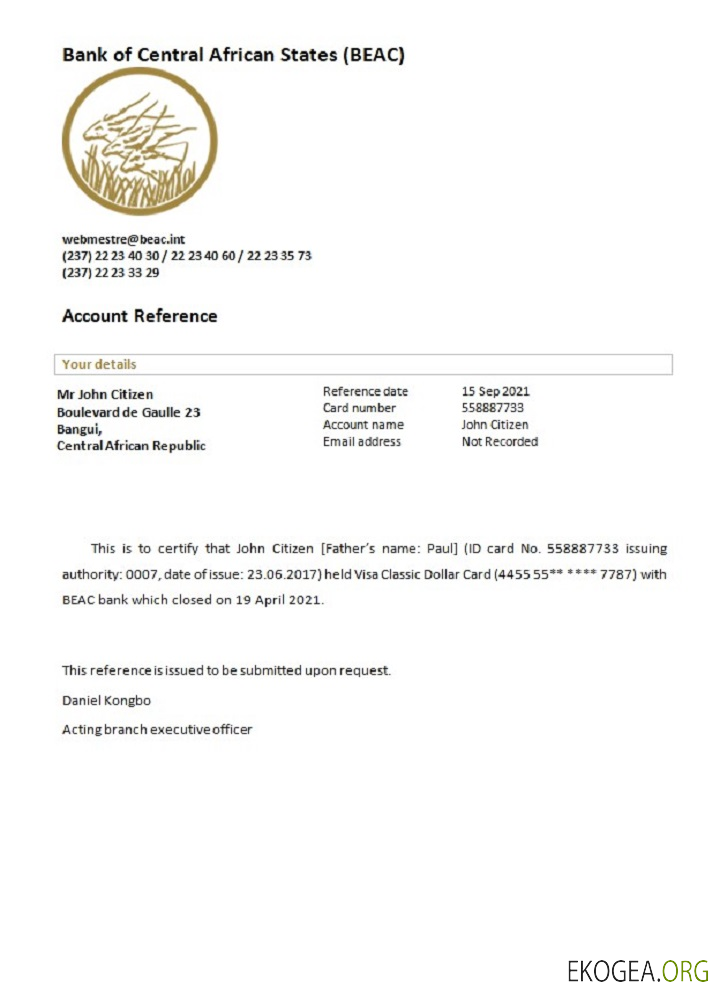 République centrafricaine , Banque des États de l'Afrique centrale , référence de fermeture